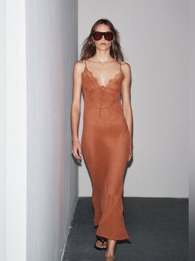 Zara Lace Trim Satin Midi Slip Dress Open Back Rust Boho NWT M